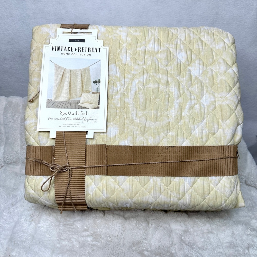 Vintage Retreat Quilt Set King Yellow New 3pc Isella‎ Sunlight Tie Dye